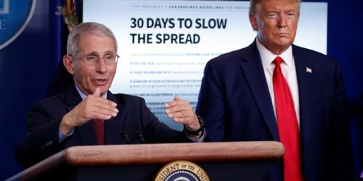 President Donald Trump listens as Dr. Anthony Fauci, director of the National Institute of Allergy and Infectious Diseases, speaks about the coronavirus, Washington, March 31, 2020 (AP photo by Alex Brandon).