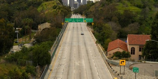 Extremely light traffic moves toward downtown Los Angeles, California, March 20, 2020 (AP photo by Mark J. Terrill).