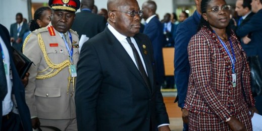 Ghana’s president, Nana Akufo-Addo, center, arrives for the opening session of the 33rd African Union Summit, in Addis Ababa, Ethiopia, Feb. 9, 2020 (AP photo).
