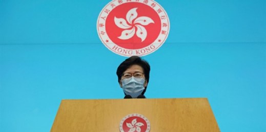 Hong Kong's chief executive, Carrie Lam, speaks during a news conference in Hong Kong, April 22, 2020 (AP photo by Kin Cheung).