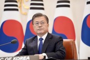 South Korean President Moon Jae-in attends the ASEAN Plus Three virtual summit at the presidential Blue House in Seoul, South Korea, April 14, 2020 (Blue House photo via AP Images).