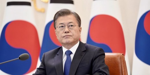 South Korean President Moon Jae-in attends the ASEAN Plus Three virtual summit at the presidential Blue House in Seoul, South Korea, April 14, 2020 (Blue House photo via AP Images).
