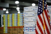 Stockpiles of medical supplies at the Javits Center in New York, March 24, 2020 (AP photo by John Minchillo).