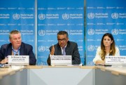 Tedros Adhanom Ghebreyesus, director-general of the World Health Organization, center, discusses the novel coronavirus at a news conferences at WHO headquarters in Geneva, Switzerland, March 9, 2020 (Keystone photo by Salvatore Di Nolfi via AP Images).