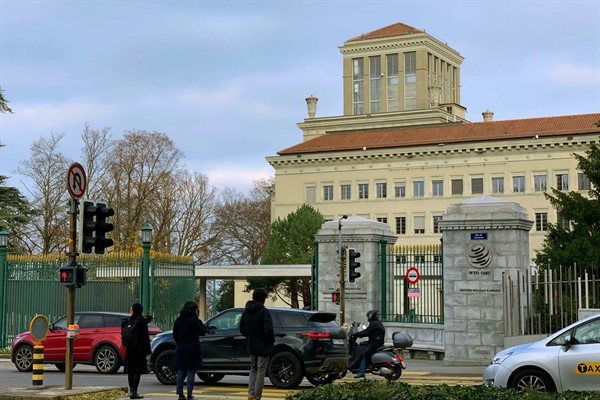 The headquarters of the World Trade Organization in Geneva, Switzerland, Dec. 3, 2019 (Kyodo photo via AP Images).