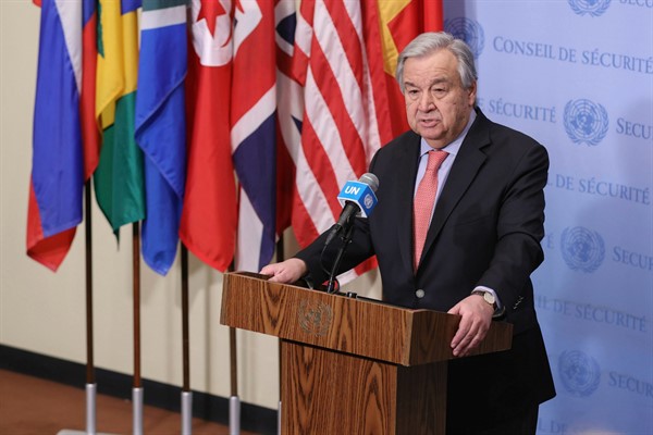 Secretary-General Antonio Guterres briefs reporters at U.N. headquarters in New York, Feb. 21, 2020 (DPA photo by Luiz Rampelotto via AP Images).