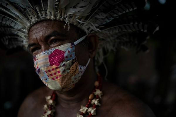 Pedro dos Santos, the leader of a community named Park of Indigenous Nations, in Manaus, Brazil, May 10, 2020 (AP photo by Felipe Dana).