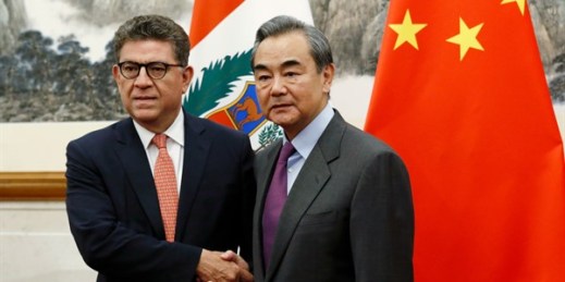 Peruvian Foreign Minister Gustavo-Meza Cuadra, left, and Chinese Foreign Minister Wang Yi at the Diaoyutai state guesthouse in Beijing, Nov. 29, 2019 (pool photo by Florence Lo via AP).