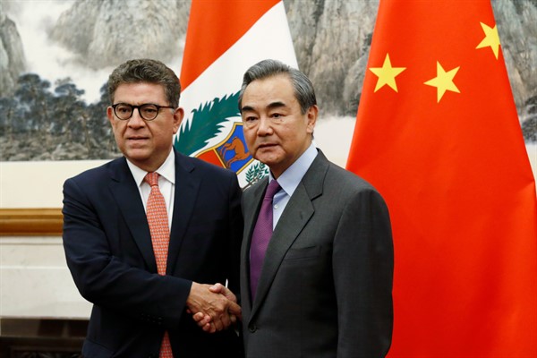Peruvian Foreign Minister Gustavo-Meza Cuadra, left, and Chinese Foreign Minister Wang Yi at the Diaoyutai state guesthouse in Beijing, Nov. 29, 2019 (pool photo by Florence Lo via AP).
