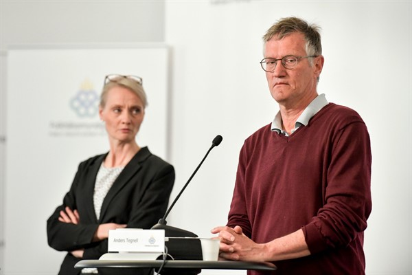 Sweden’s state epidemiologist, Anders Tegnell, at a coronavirus press conference in Stockholm, May 4, 2020 (Photo by Jessica Gow for TT News Agency via AP Images).