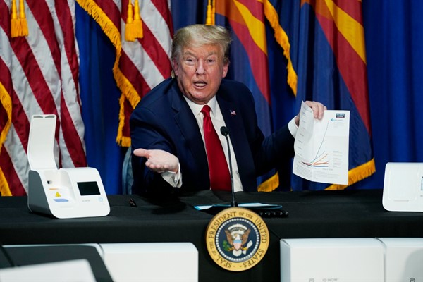 President Donald Trump during a roundtable on supporting Native Americans in Phoenix, Arizona, May 5, 2020 (AP photo by Evan Vucci).