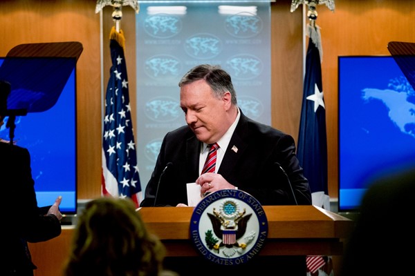 Secretary of State Mike Pompeo at a news conference at the State Department in Washington, April 29, 2020 (AP photo by Andrew Harnik).