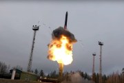 An Avangard intercontinental ballistic missile lifts off from a truck-mounted launcher somewhere in Russia (Russian Defense Ministry Press Service via AP).