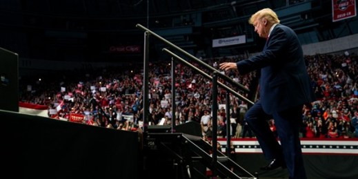 President Donald Trump arrives at a campaign rally in Charlotte, North Carolina, March 2, 2020 (AP photo by Evan Vucci).