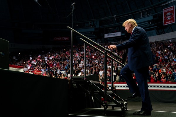 President Donald Trump arrives at a campaign rally in Charlotte, North Carolina, March 2, 2020 (AP photo by Evan Vucci).