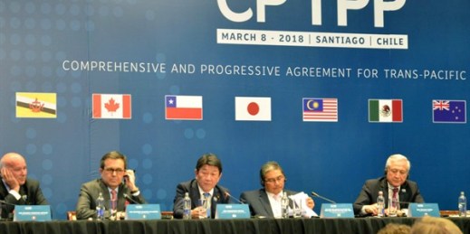 Ministers of the 11 countries remaining in the Trans-Pacific Partnership hold a press conference after signing the revised free trade pact in Santiago, Chile, March 8, 2018 (Kyodo photo via AP Images).