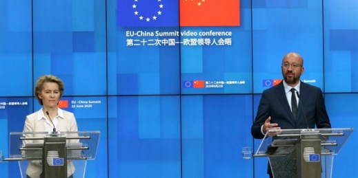 European Council President Charles Michel, right, and European Commission President Ursula von der Leyen at a media conference following an EU-China summit, in video conference format, in Brussels, June 22, 2020 (pool photo by Yves Herman via AP).