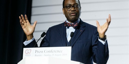 President of the African Development Bank, Akinwumi Adesina, at a press conference during a G-7 summit in Biarritz, France, Aug. 25, 2019 (Photo by Sebastien Ortola for Sipa via AP Images).