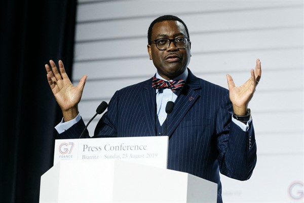 President of the African Development Bank, Akinwumi Adesina, at a press conference during a G-7 summit in Biarritz, France, Aug. 25, 2019 (Photo by Sebastien Ortola for Sipa via AP Images).