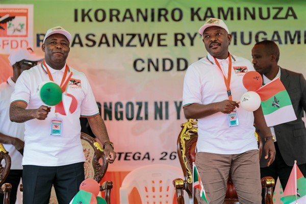 Burundi’s president-elect, Evariste Ndayishimiye, left, is accompanied by President Pierre Nkurunziza after Ndayishimiye was chosen as the CNDD-FDD party’s presidential candidate, Gitega, Burundi, Jan. 25, 2020 (AP photo by Berthier Mugiraneza).