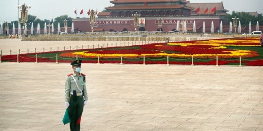 A Chinese paramilitary policeman stands guard at Tiananmen Square before the opening session of the Chinese People’s Political Consultative Conference in Beijing, May 21, 2020 (AP photo by Andy Wong).
