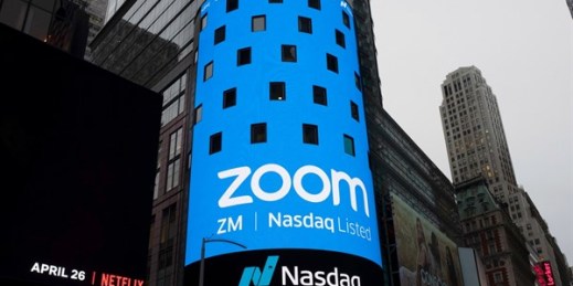 A sign for Zoom in New York, April 18, 2019 (AP photo by Mark Lennihan).
