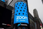 A sign for Zoom in New York, April 18, 2019 (AP photo by Mark Lennihan).