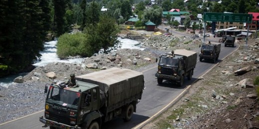 An Indian army convoy moves on the Srinagar-Ladakh highway at Gagangeer, northeast of Srinagar, India, June 17, 2020 (AP photo by Mukhtar Khan).