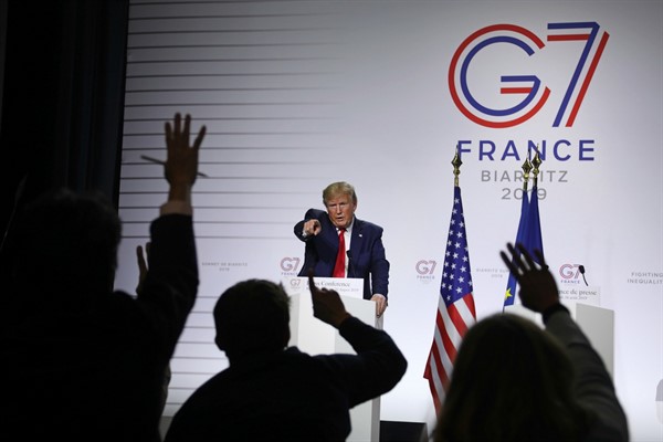 President Donald Trump takes questions at a press conference during the G-7 summit in Biarritz, France, Aug. 26, 2019 (AP photo by Markus Schreiber).