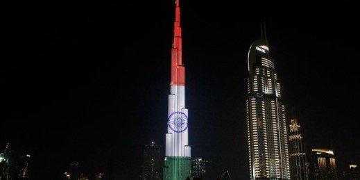 The Burj Khalifa in Dubai displays the flag of India to mark Prime Minister Narendra Modi's visit to the United Arab Emirates, Feb. 10, 2018 (AP photo by Jon Gambrell).