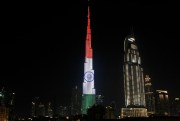 The Burj Khalifa in Dubai displays the flag of India to mark Prime Minister Narendra Modi's visit to the United Arab Emirates, Feb. 10, 2018 (AP photo by Jon Gambrell).