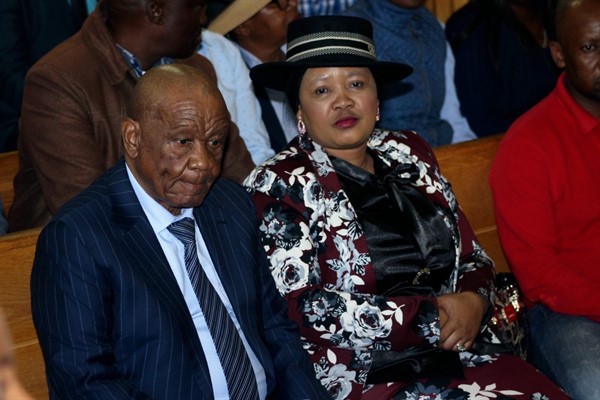 Lesotho’s then-prime minister, Thomas Thabane, and his wife Maesaiah attend a court hearing in Maseru, Feb. 24, 2020 (AP photo).
