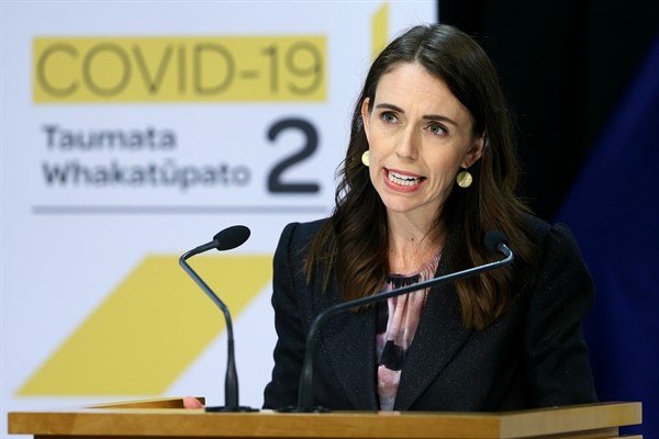New Zealand’s prime minister, Jacinda Ardern, at a press conference in Wellington, New Zealand, May 14, 2020 (pool photo by Hagen Hopkins via AP Images).