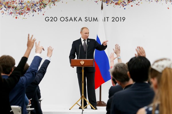 Russian President Vladimir Putin speaks to media after the G-20 summit in Osaka, Japan, June 29, 2019 (AP photo by Alexander Zemlianichenko).