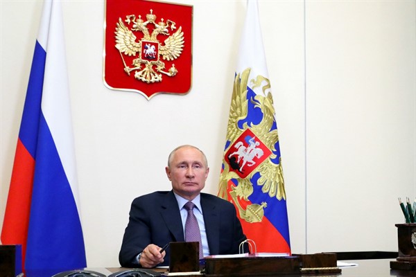 Russian President Vladimir Putin attends a meeting via video conference at the Novo-Ogaryovo residence outside Moscow, June 25, 2020 (pool photo by Mikhail Klimentyev via AP Images).