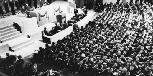 Representatives of 50 countries attend the United Nations Conference on International Organization to draw up the U.N. Charter, in San Francisco, California, April 25, 1945 (AP Photo).