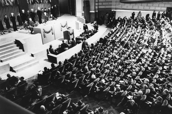 Representatives of 50 countries attend the United Nations Conference on International Organization to draw up the U.N. Charter, in San Francisco, California, April 25, 1945 (AP Photo).