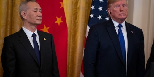 President Donald Trump and Chinese Vice Premier Liu He before signing a U.S. China trade agreement, in the East Room of the White House, Washington, Jan. 15, 2020 (AP photo by Evan Vucci).