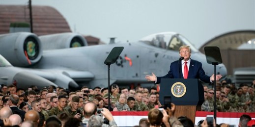 U.S. President Donald Trump addresses military personnel and their families at Osan Air Base, south of Seoul, South Korea, June 30, 2019 (pool photo by Ed Jones of AFP via AP Images).