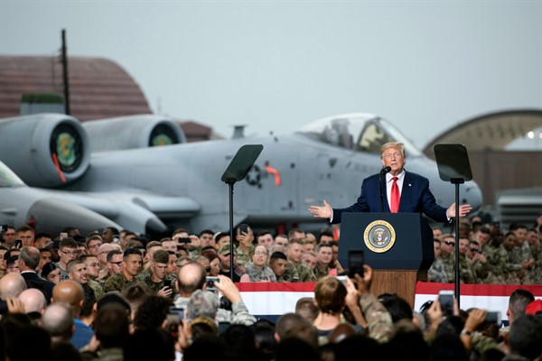 U.S. President Donald Trump addresses military personnel and their families at Osan Air Base, south of Seoul, South Korea, June 30, 2019 (pool photo by Ed Jones of AFP via AP Images).