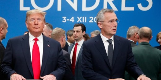 U.S. President Donald Trump and NATO Secretary General Jens Stoltenberg prior to a NATO leaders meeting in Watford, Hertfordshire, England, Dec. 4, 2019 (AP photo by Frank Augstein).