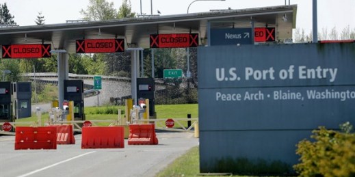 Closed lanes at the Peace Arch border crossing between the U.S. and Canada,  in Blaine, Wash., May 7, 2020 (AP photo by Elaine Thompson).