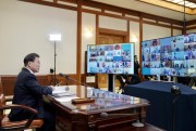 South Korean President Moon Jae-in attends a G-20 virtual summit to discuss the coronavirus outbreak at the presidential Blue House in Seoul, South Korea, March 26, 2020 (South Korea Presidential Blue House via AP Images).