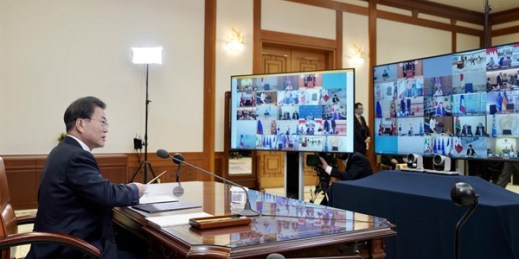 South Korean President Moon Jae-in attends a G-20 virtual summit to discuss the coronavirus outbreak at the presidential Blue House in Seoul, South Korea, March 26, 2020 (South Korea Presidential Blue House via AP Images).