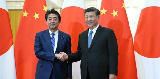 Japanese Prime Minister Abe Shinzo, left, and China’s leader, Xi Jinping, at the Great Hall of the People in Beijing, Dec. 23, 2019 (pool photo by Noel Celis via AP Images).