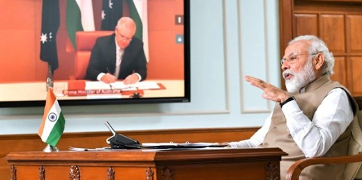 Indian Prime Minister Narendra Modi speaks during a virtual meeting with Australian Prime Minister Scott Morrison, in New Delhi, India,  June 4, 2020 (Press Information Bureau photo via AP Images).