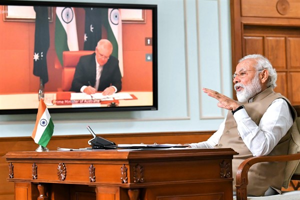 Indian Prime Minister Narendra Modi speaks during a virtual meeting with Australian Prime Minister Scott Morrison, in New Delhi, India,  June 4, 2020 (Press Information Bureau photo via AP Images).