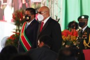 Former President Desi Bouterse, center, and Suriname’s new president, Chan Santokhi, left, during the inauguration ceremony in Paramaribo, Suriname, July 16, 2020 (AP photo by Ertugrul Kilic).