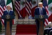 President Donald Trump and Mexican President Andres Manuel Lopez Obrador during an event in the Rose Garden at the White House, Washington, July 8, 2020 (AP photo by Evan Vucci).