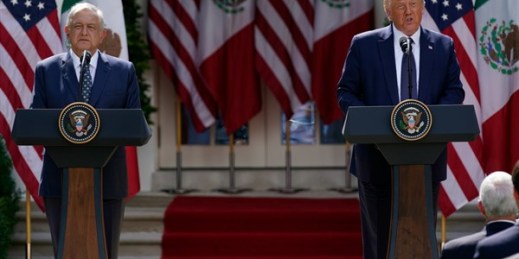 President Donald Trump and Mexican President Andres Manuel Lopez Obrador during an event in the Rose Garden at the White House, Washington, July 8, 2020 (AP photo by Evan Vucci).